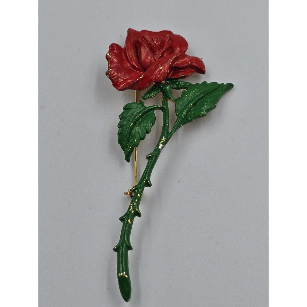 Vintage CHAREL Red Rose Flower Brooch Pin Gold Tone Green Enamel Botanical